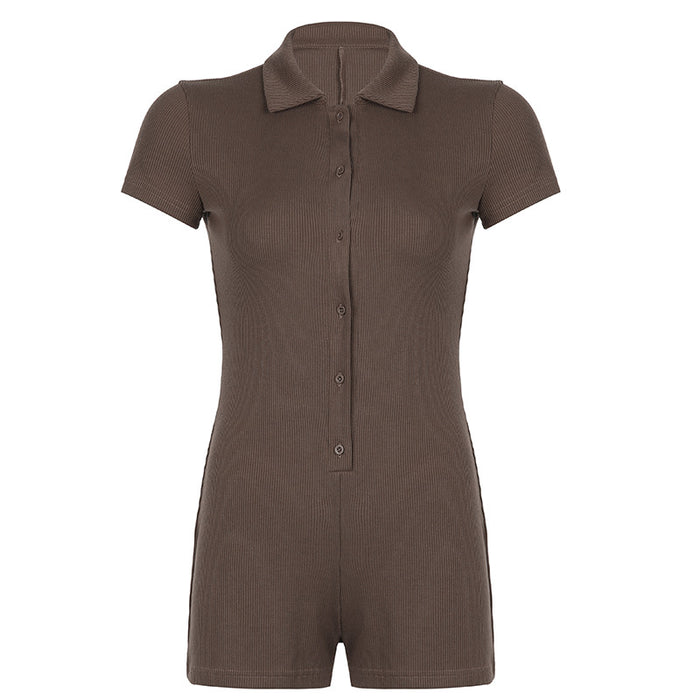 Solid Color Polo Collar Breasted Rib Tight Casual Basic Romper