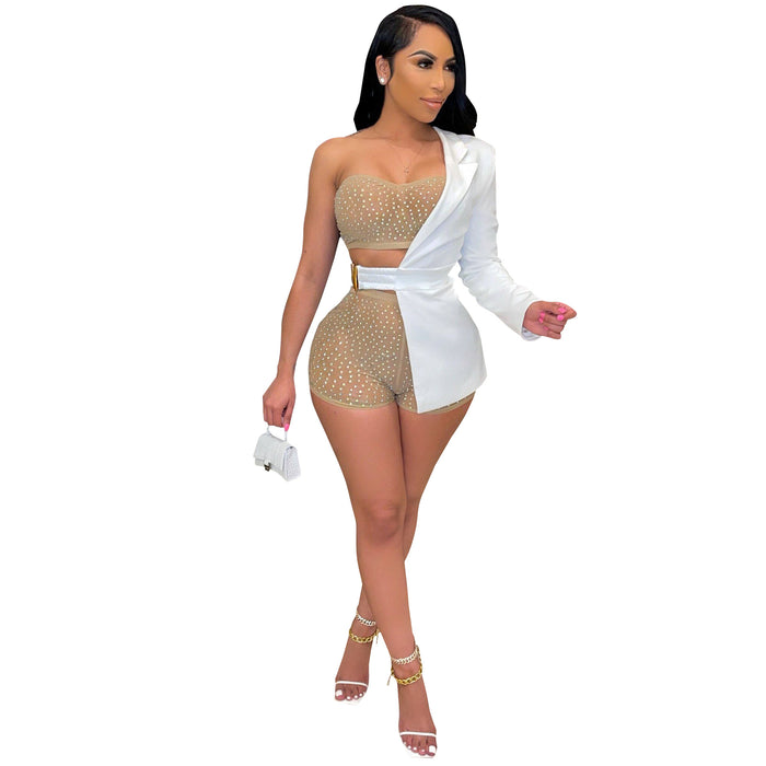 Sexy Slim Fit Rhinestone Summer  Short Two-Color Three-Piece Set