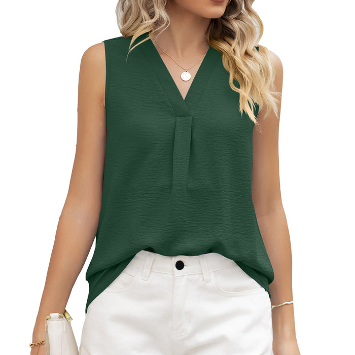 Summer Solid Color V neck Loose Chiffon Top Sleeveless Vest Women