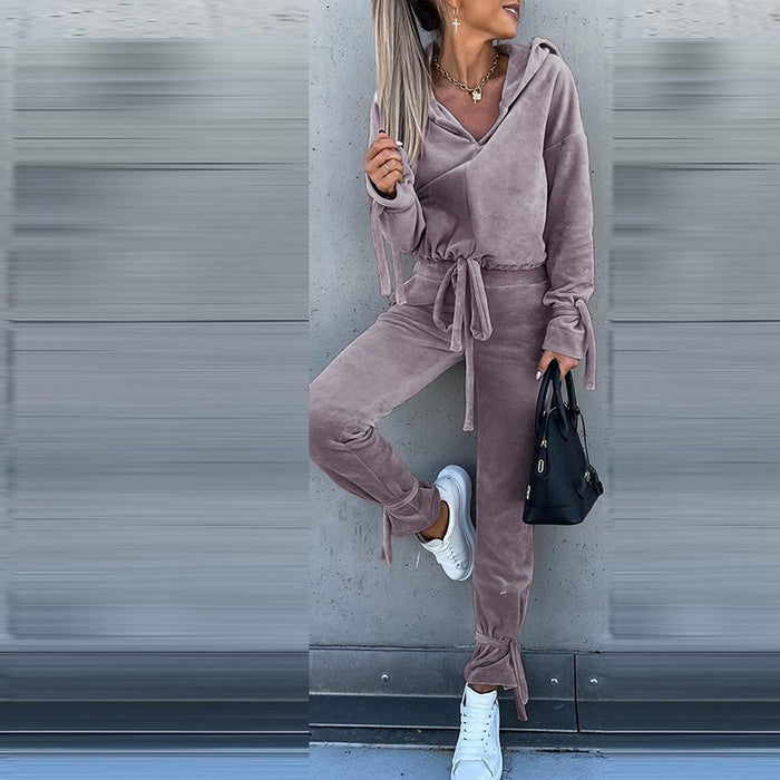 Autumn Winter Women Clothing Loose Pleuche Long Sleeve Hooded Sweater Trousers Set