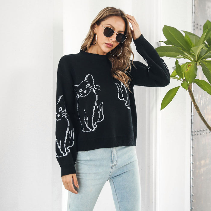 Cat Brocade Sweater Women Loose Autumn Winter Long Sleeve Knitwear Sweater