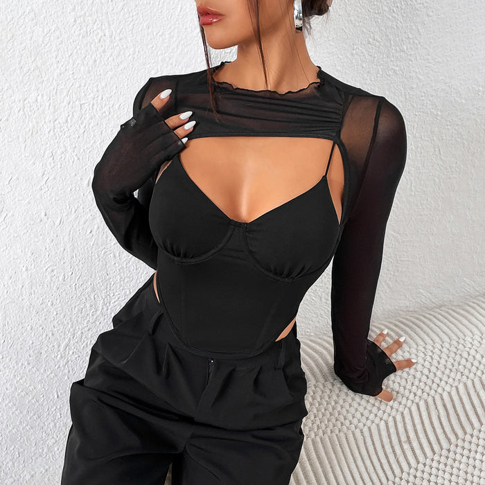 Sexy Street Sexy Low Cut Stitching Mesh Top Boning Corset Waist Long Sleeved T shirt