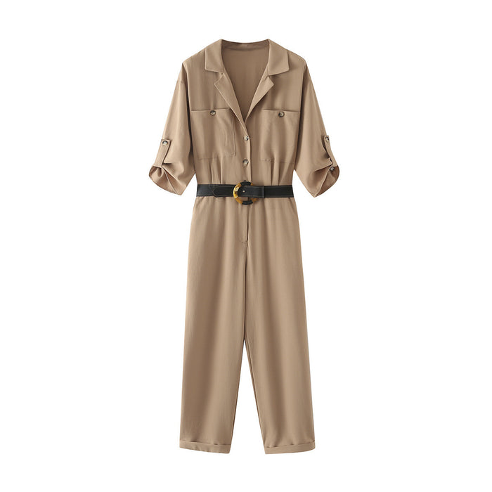 Spring Women Clothing Solid Color with Belt Double Breasted Loose Casual Jumpsuit Trousers