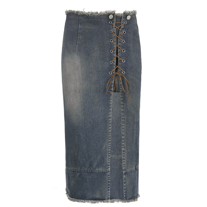 Street Hipster Sexy Personality Stitching High Waist with Straps Denim Skirt Side Slit Distressed Frayed Tooling Skirt