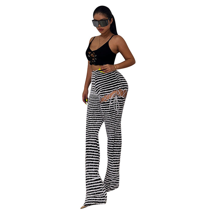 Sexy High Waist Hip Lifting Striped Hollow Out Cutout  Tight Slimming Casual Pants Girls Smart Trousers Women