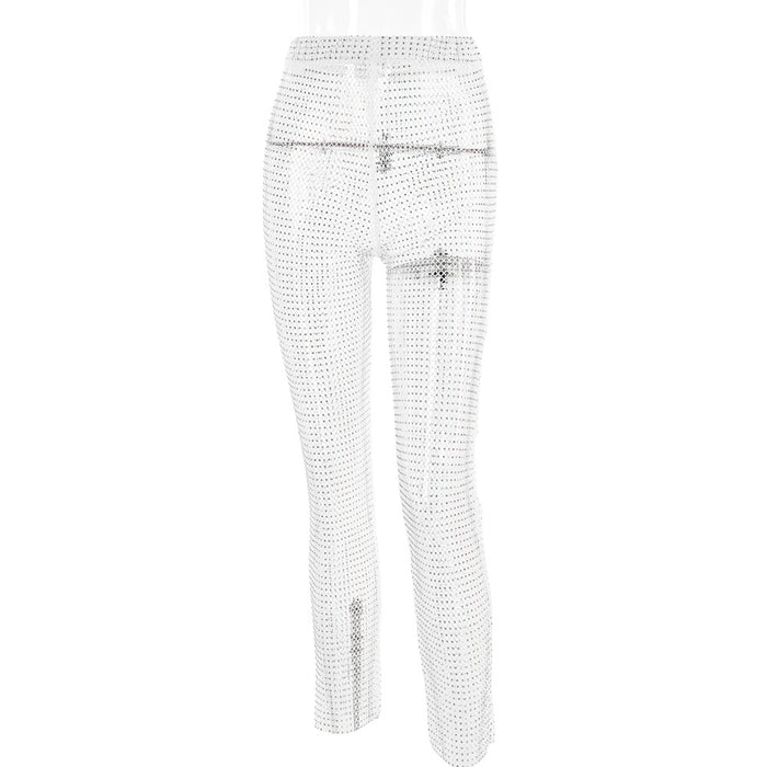 Spring Summer Arrival Trousers Sexy Slim Fit See through Rhinestone Pants for Women