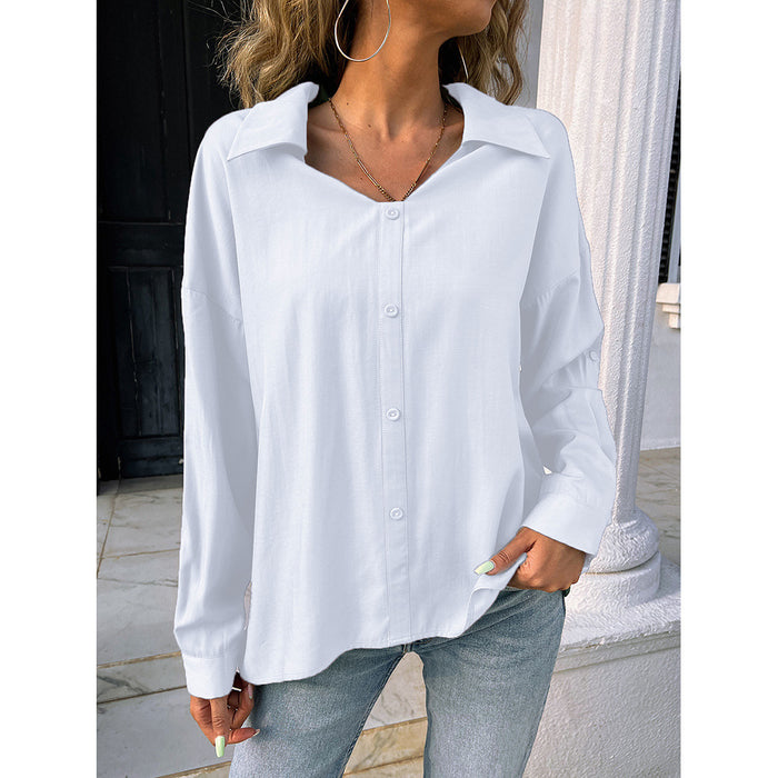 Summer Women Clothing Solid Color Long Sleeve Breasted V-neck Top Loose Shirt T-shirt Women