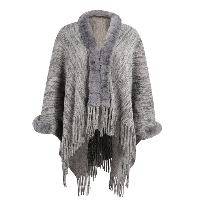 Autumn Winter Tassel Cape Shawl Sweater Women Fur Collar Cardigan Coat