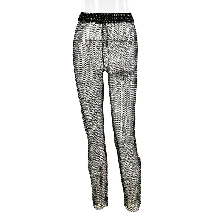 Spring Summer Arrival Trousers Sexy Slim Fit See through Rhinestone Pants for Women