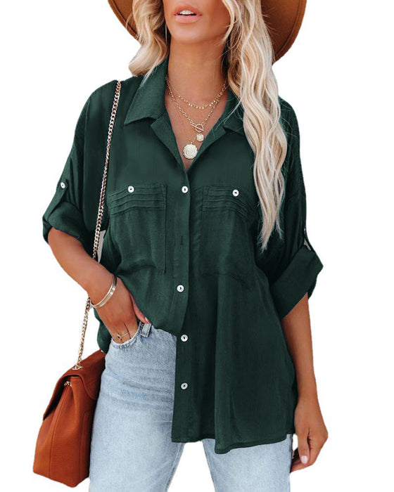 Shirt Spring Summer Solid Color Pocket Shirt Loose Long Short Sleeve Top