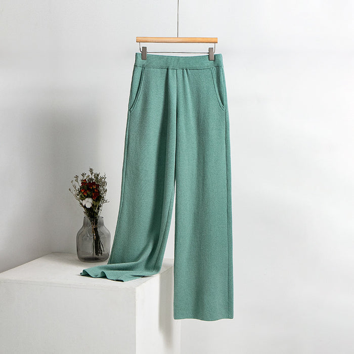 Knitted Trousers Autumn Solid Color Pocket Smart Trousers Women Loose Wide Leg Pants Straight Woollen Trousers Women