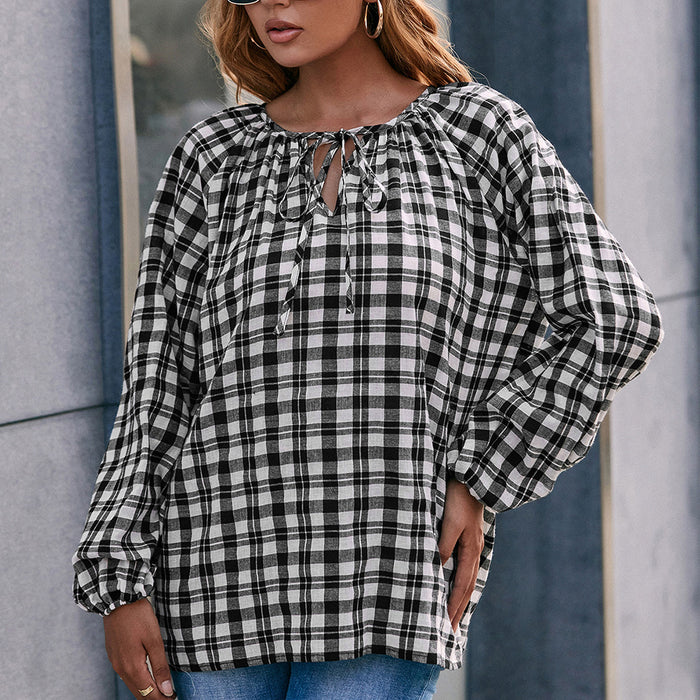 Casual Long Sleeved Plaid V neck Shirt Loose Plaid Overshirt Women