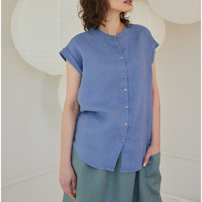 Homemade French Design Sleeveless Shirt Spring Summer Women Pure Linen Stand Collar Top Cotton Linen Shirt