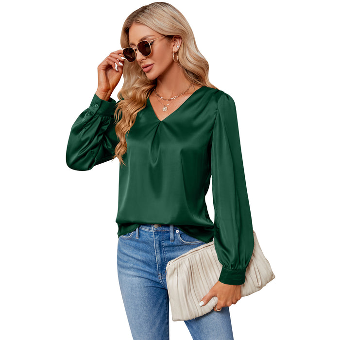 Women Satin Pleated Long Sleeved Top V Neck Casual Loose Work Office Satin Shirt