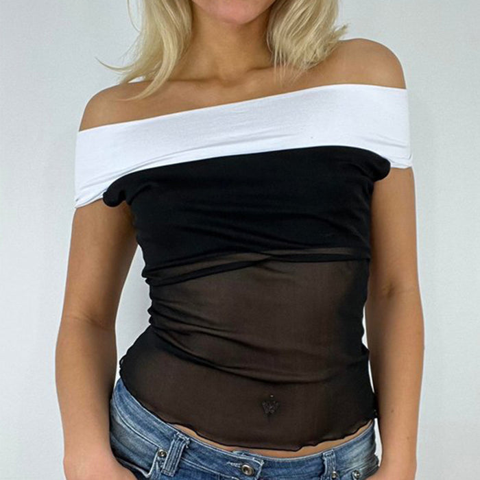 Summer Mesh off-Neck Sexy Color Block Top