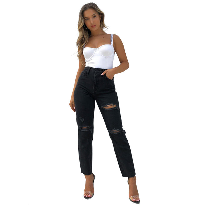 Women Clothes Washed Blue Black Hand Frayed Trousers Urban Casual Straight Leg Ankle Banded Cotton Jeans