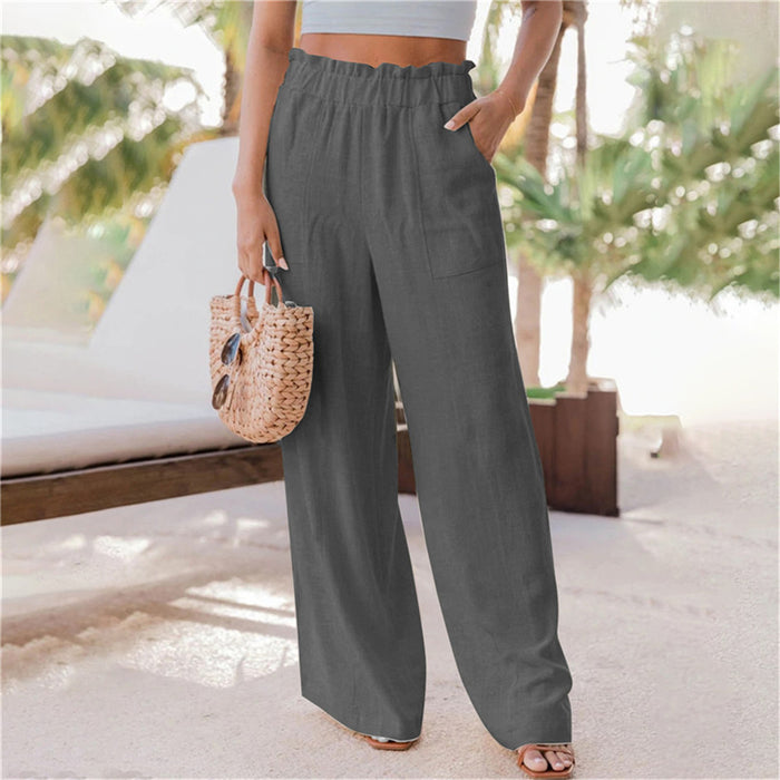 Summer Women Clothing Casual Pants Ruffles Patch Pocket Wide Leg Pants Women Pants