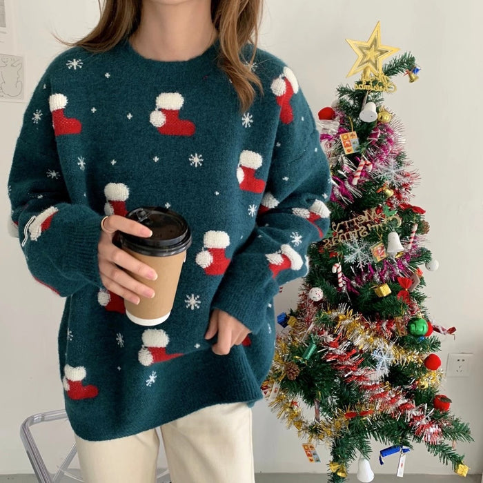 Christmas Festival Pullover Women Sweater Round Neck Loose Sweater