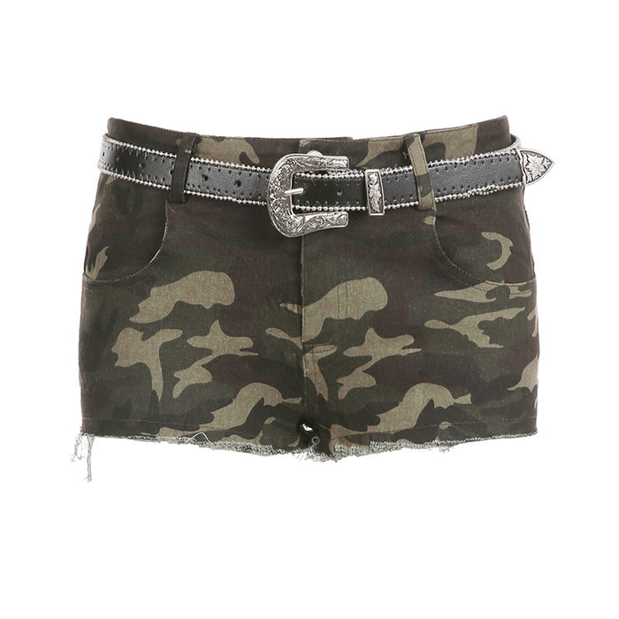 Low Waist Super Cool Pants With Zipper Camouflage Printing Belt Basic Slim Fit Denim Ultra Short