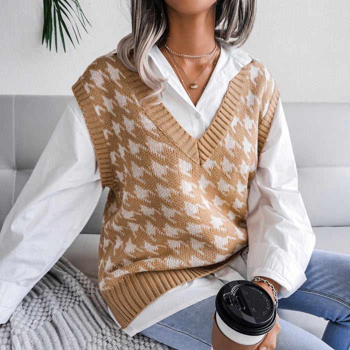 Autumn Winter V-neck Houndstooth Casual Loose Knitted Vest Sweater Waistcoat Women Clothing