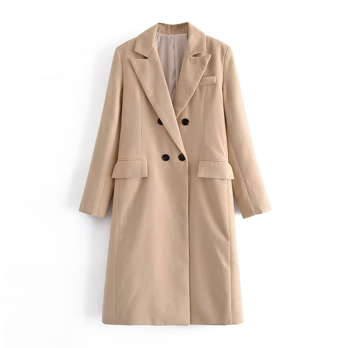 Autumn Winter Women Khaki Long Double Breasted Design Collared Long Sleeve Drape Woolen Coat