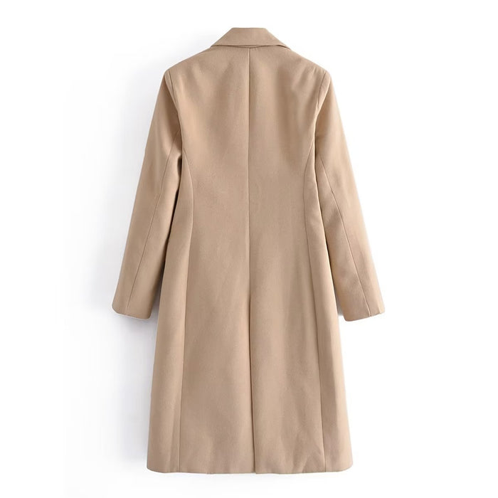 Autumn Winter Women Khaki Long Double Breasted Design Collared Long Sleeve Drape Woolen Coat