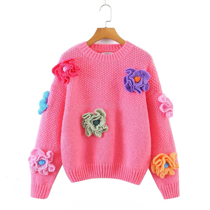 Handmade Three-Dimensional Sweet Cute Floral Crew Neck Pullover Sweater Women