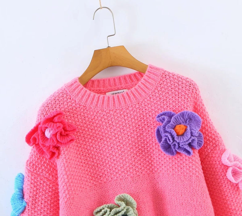 Handmade Three-Dimensional Sweet Cute Floral Crew Neck Pullover Sweater Women