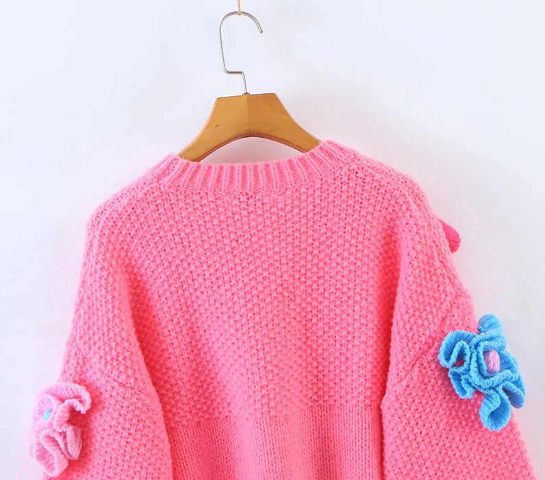 Handmade Three-Dimensional Sweet Cute Floral Crew Neck Pullover Sweater Women