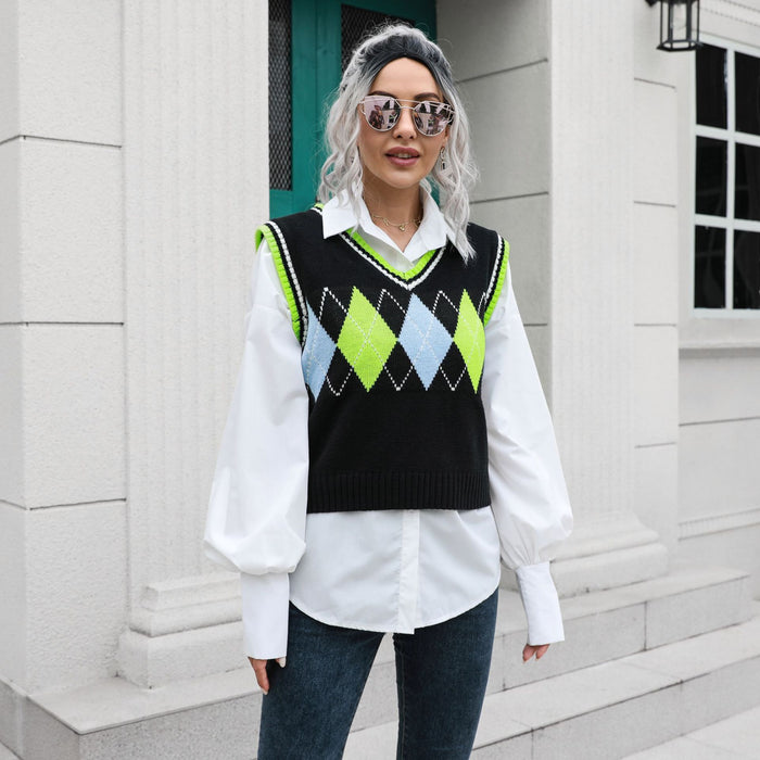 Rhombus V-neck Plaid Vest Sweater Women Vest Outer Wear Inner Wear Autumn Winter Knitwear Sweater