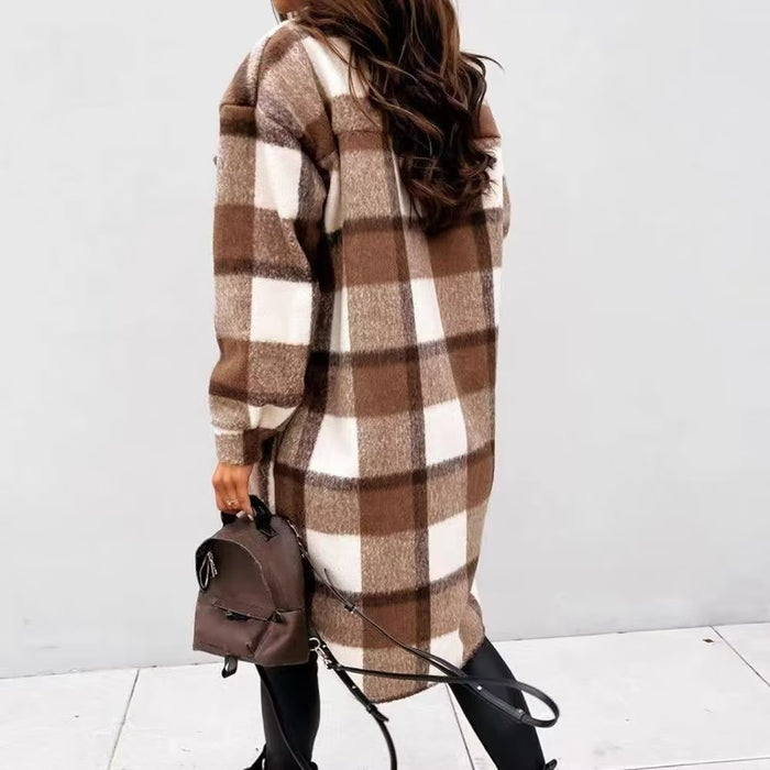 Fall Women Clothing Collared Pocket Decorative Plaid Casual Mid Length Shacket Women