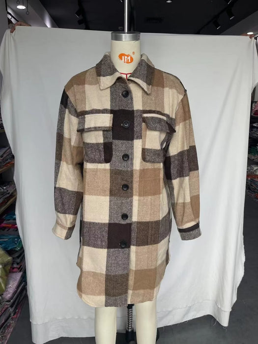 Fall Women Clothing Collared Pocket Decorative Plaid Casual Mid Length Shacket Women