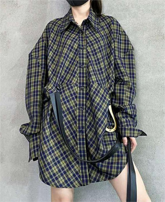 Autumn Winter Plaid Shirt Women Loose Korean Retro with Belt Mid Length Shirt Dress Top