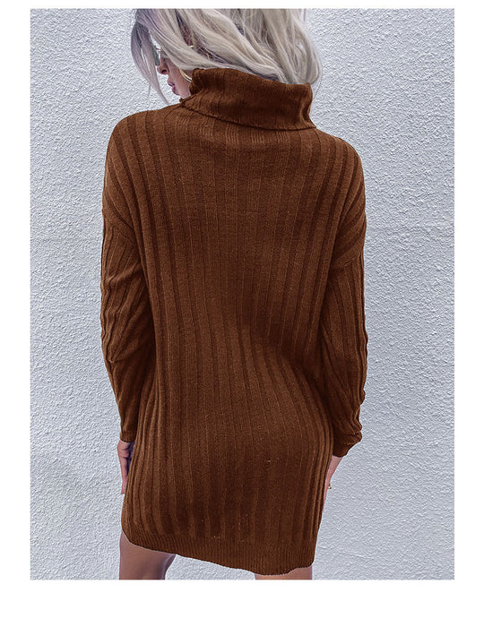 Autumn Winter Women Wear Sunken Stripe Turtleneck Long Sleeve Loose Sweater Dress