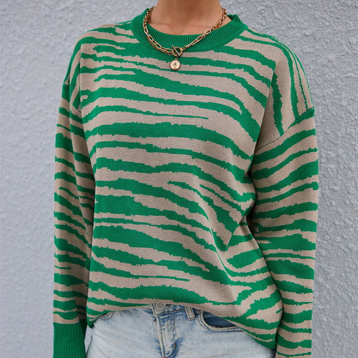 Spring Polo Collar Stripes Contrast Color Sweater Slimming Fashionable Pullover Base Knitwear