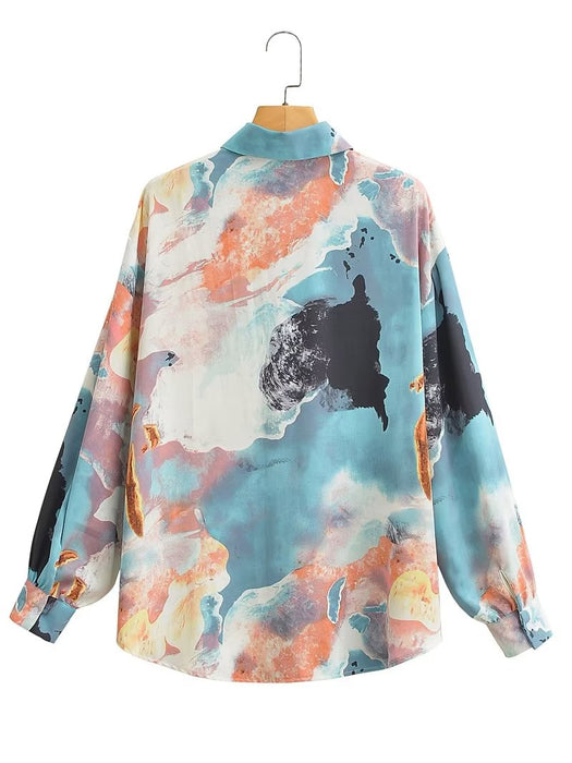 Early Autumn Retro Oil Painting Full Printed Long Sleeved Shirt Brand Loose Harajuku Laid Back Casual Shirt