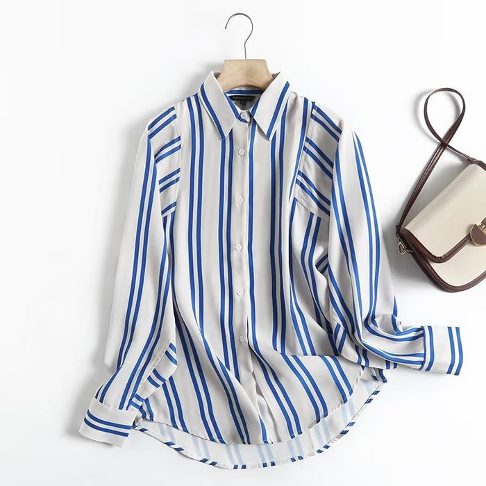 Summer Women Clothing Long Sleeve Double Striped Shirt