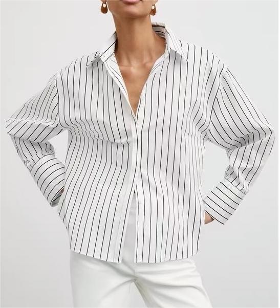 Fall Women Clothing Trendy Loose Design Cotton Striped Long-Sleeved Shirt