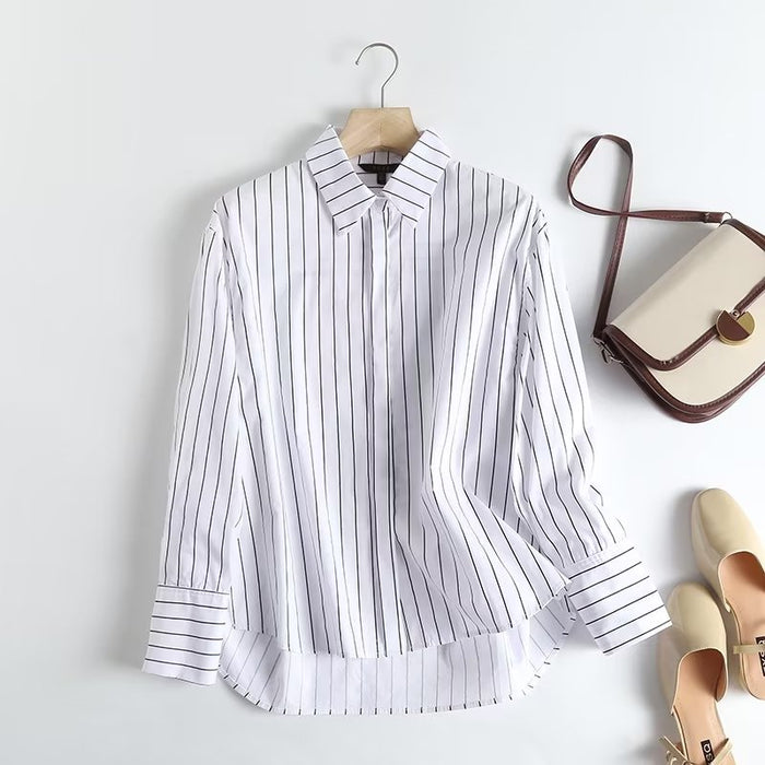 Fall Women Clothing Trendy Loose Design Cotton Striped Long-Sleeved Shirt