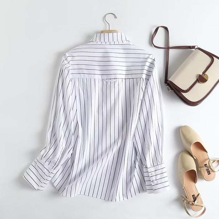 Fall Women Clothing Trendy Loose Design Cotton Striped Long-Sleeved Shirt