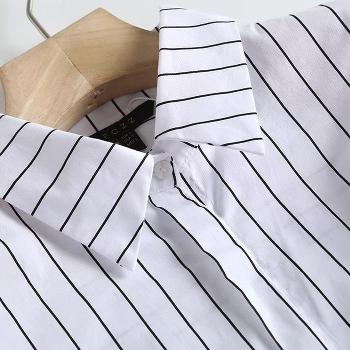 Fall Women Clothing Trendy Loose Design Cotton Striped Long-Sleeved Shirt