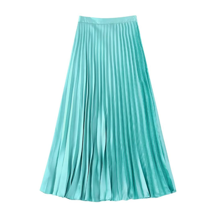 Summer Wind Women Blue Silk Satin Texture Pleated Skir