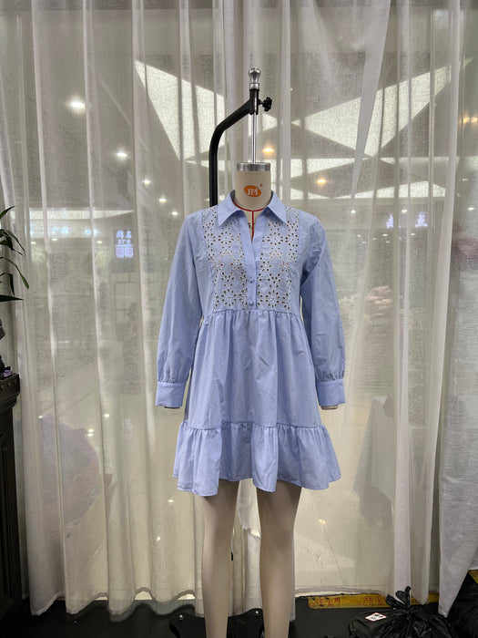 Spring Summer Simplicity Blue Shirt Collared Ruffled Layered Loose Dress Women