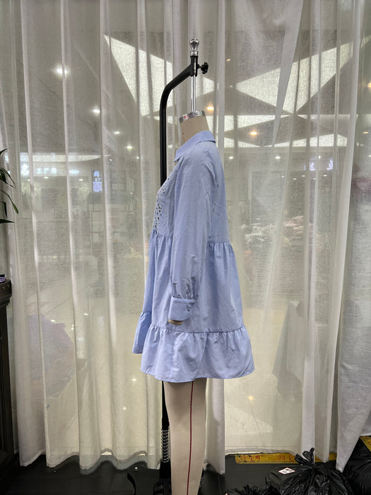 Spring Summer Simplicity Blue Shirt Collared Ruffled Layered Loose Dress Women