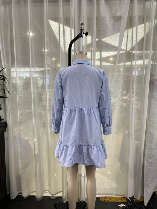 Spring Summer Simplicity Blue Shirt Collared Ruffled Layered Loose Dress Women