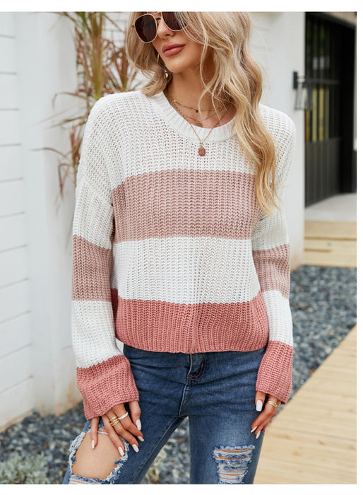 Loose Wear Autumn Winter Casual Pullover Sweater Striped Color Contrast Short Sweater