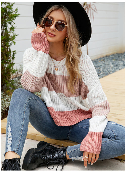 Loose Wear Autumn Winter Casual Pullover Sweater Striped Color Contrast Short Sweater