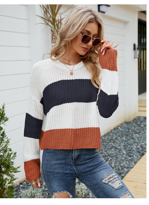 Loose Wear Autumn Winter Casual Pullover Sweater Striped Color Contrast Short Sweater