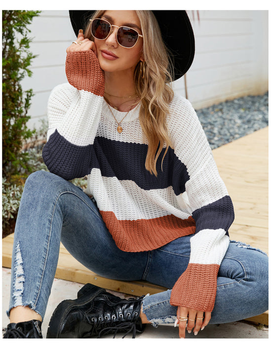 Loose Wear Autumn Winter Casual Pullover Sweater Striped Color Contrast Short Sweater