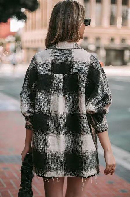 Fall Women Clothing Fashionable Pocket Shirt Plaid Coat